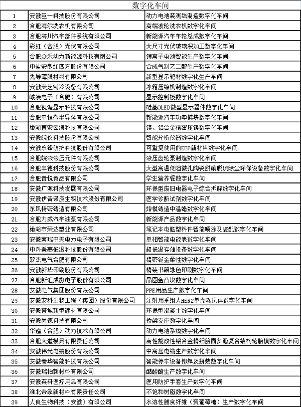 安徽省智能工厂和数字化车间名单