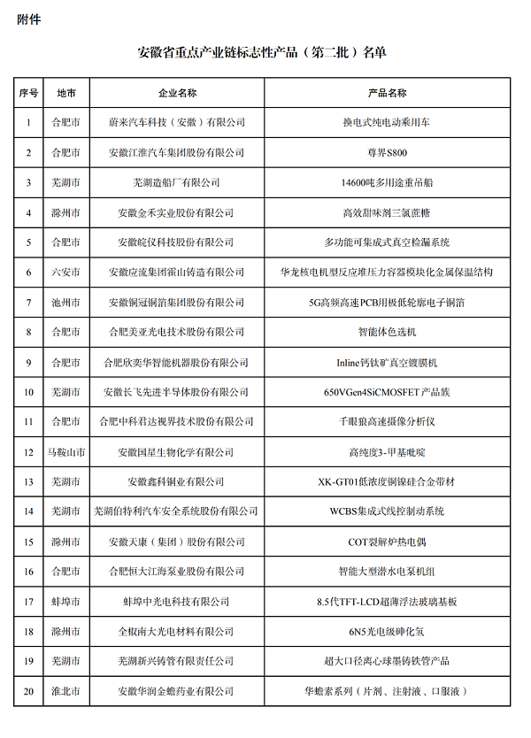 安徽省重点产业链标志性产品（第二批）名单