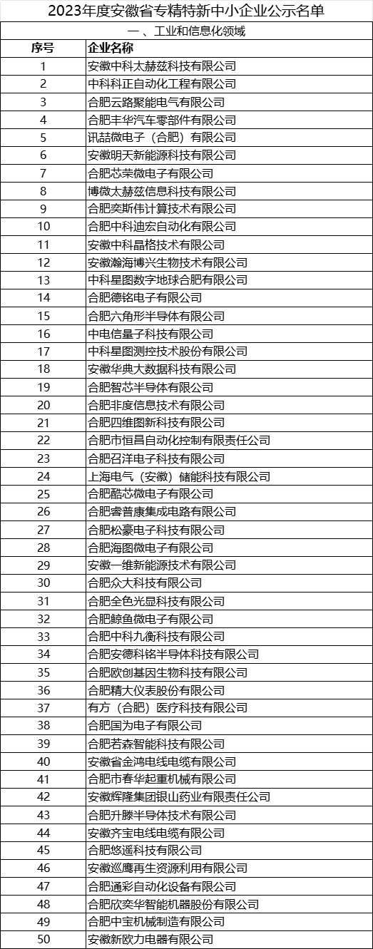 2023年安徽省 专精特新中小企业完整名单