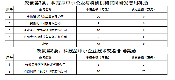 合肥经开区促进科技创新政策第二批拟兑现资金明细表