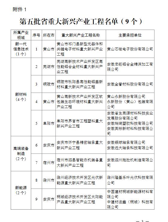 第五批安徽省重大新兴产业工程名单