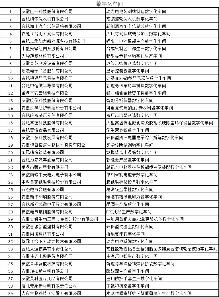 安徽省智能工厂和数字化车间名单