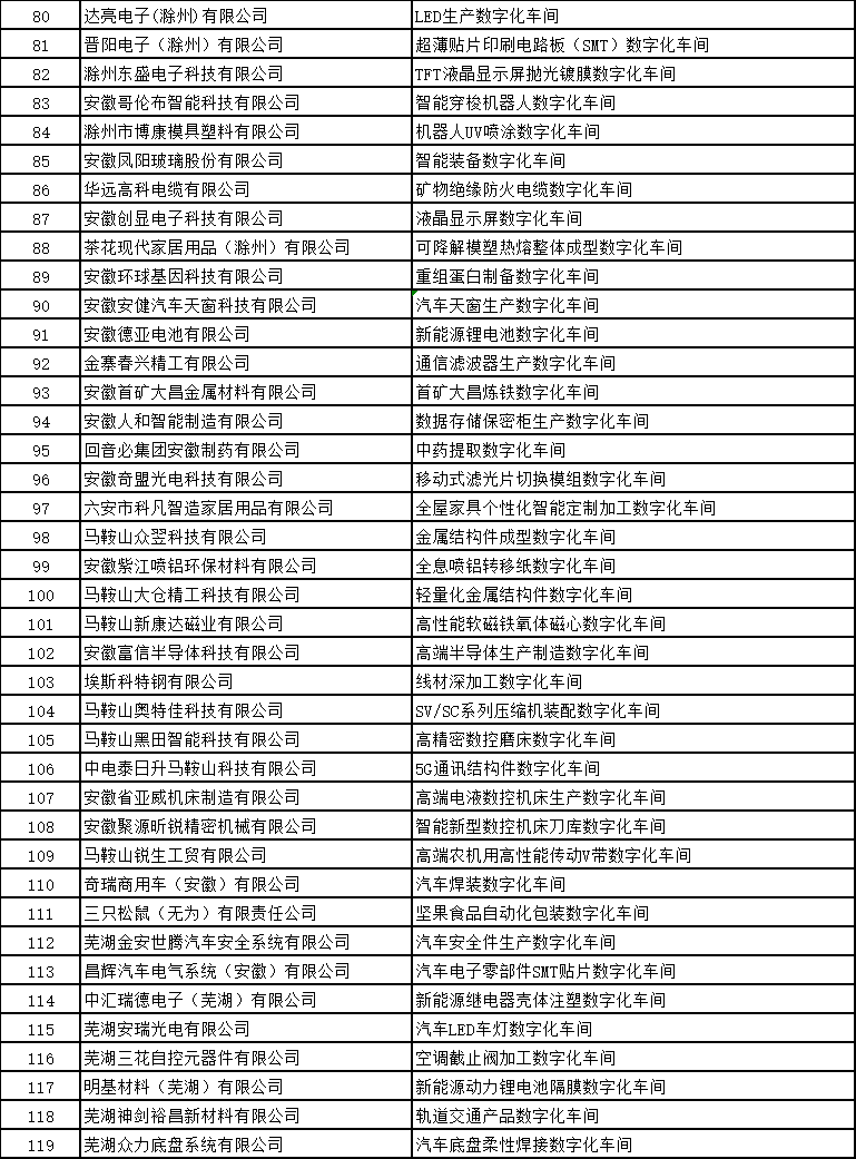 安徽省智能工厂和数字化车间名单